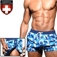 [Andrew Christian] Blue Camo Snap Swim Shorts