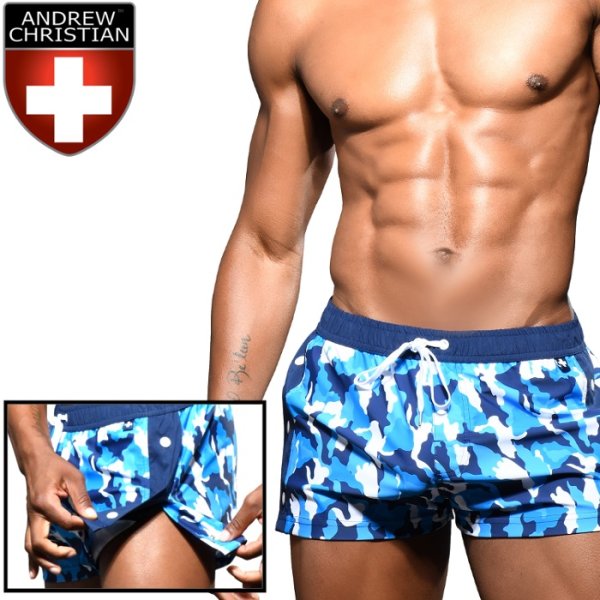 Photo1: [Andrew Christian] Blue Camo Snap Swim Shorts