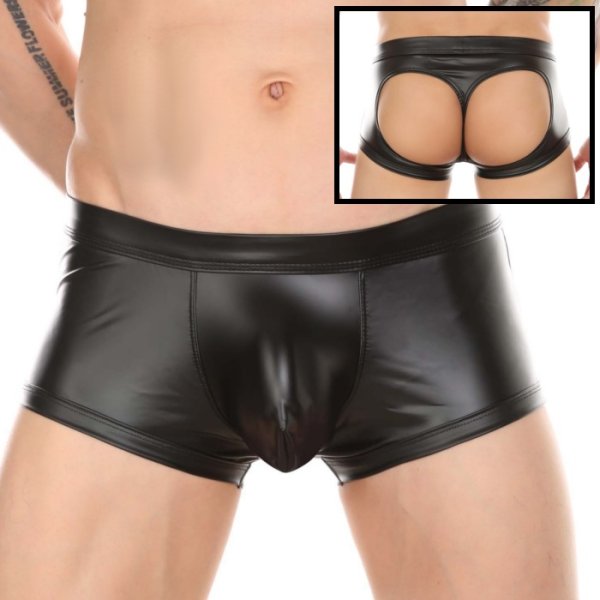 Photo1: Fake Leather O Back Boxer Brief