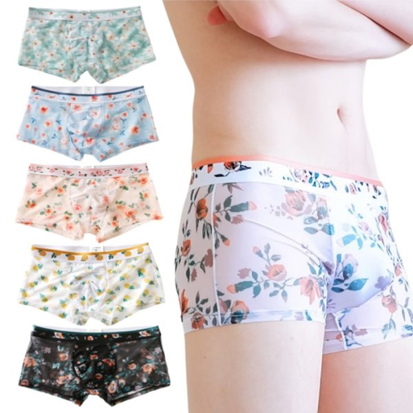 Photo1: Flower Print Mesh Boxer Brief