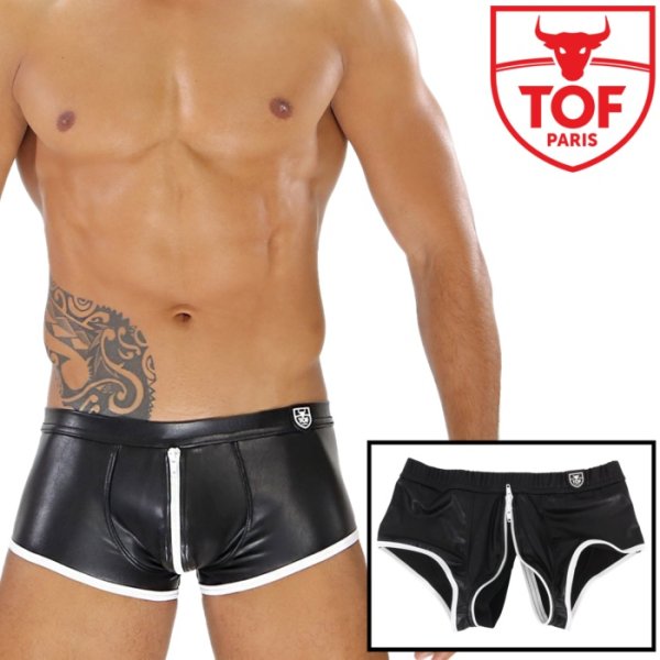 Photo1: [TOF Paris] FETISH FULL-ZIP BOXERS Black/White