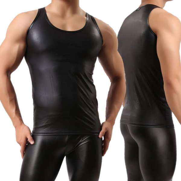 Photo2: Men's Faux Leather Tanktop